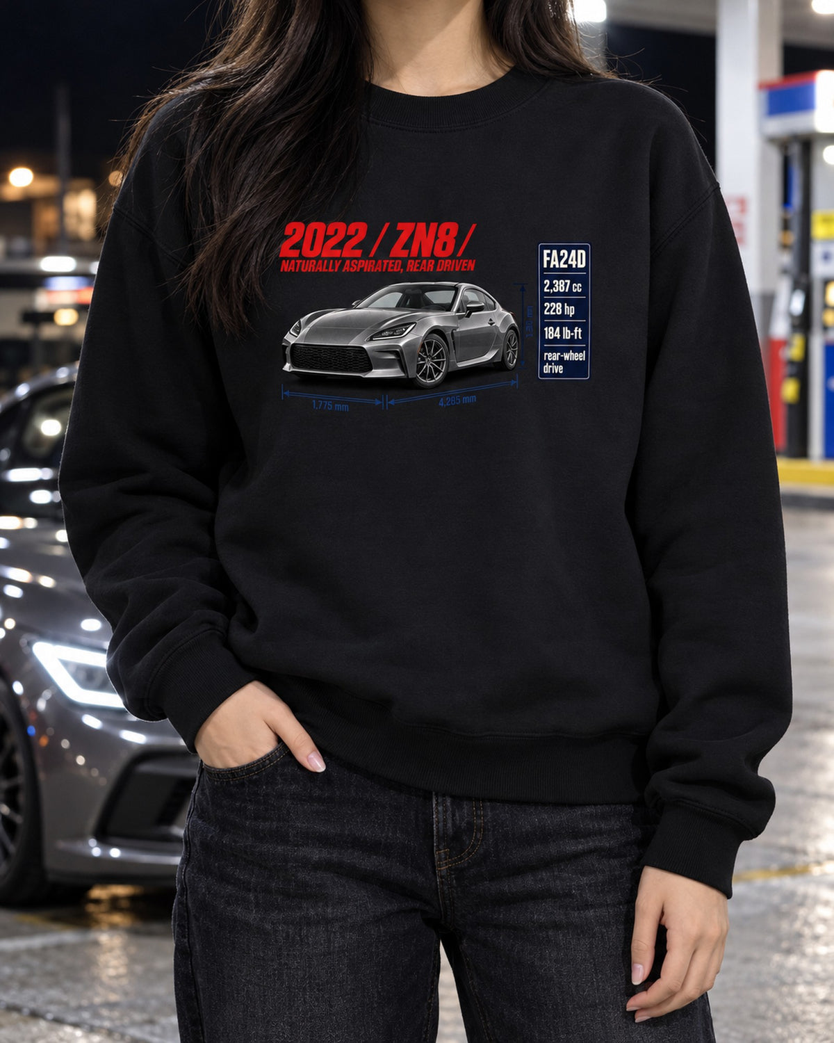 Toyota GR86 ZN8 Spec Poster Shirt, Rear-Drive NA Car Tee Crewneck Black worn hero