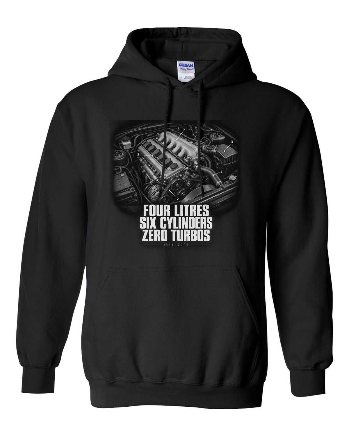 Engine hero print for the Jeep Wrangler TJ, Four Litres Six Cylinders Zero Turbos black pull over hoodie front view with the design