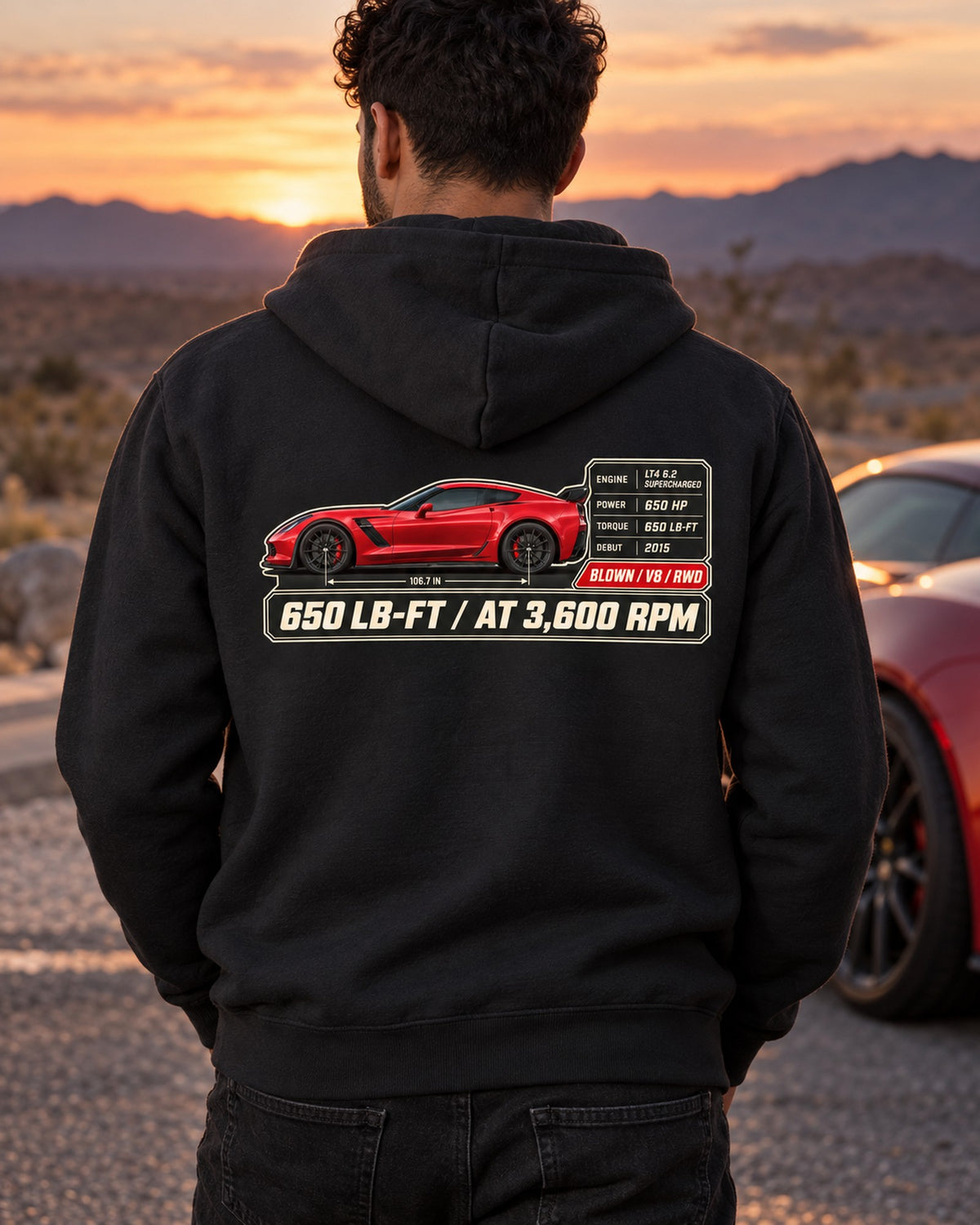 C7 Corvette Z06 Spec Poster Tee, 650 LB-FT Torque Car Shirt Zip Hoodie Black worn hero