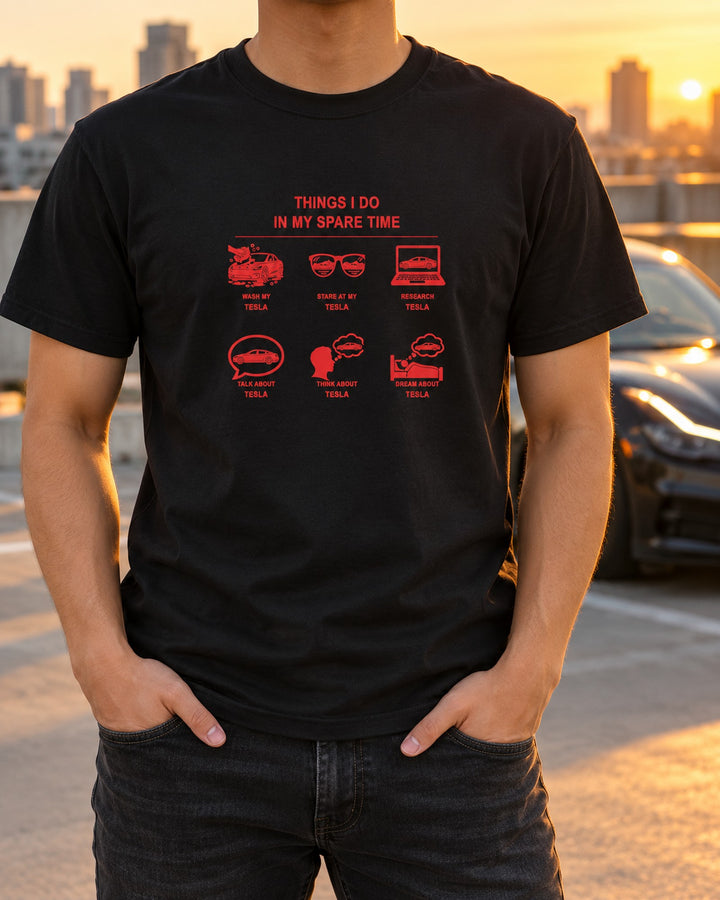 Tesla Things I Do Shirt, Hoodie & More T-Shirt Black worn hero
