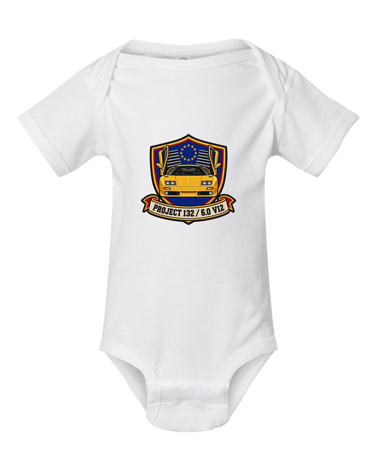 Varsity embroidery crest for a 2000 Lamborghini Diablo VT 6.0 reading Project 132 and 6.0 V12 white baby onesie front view with the design