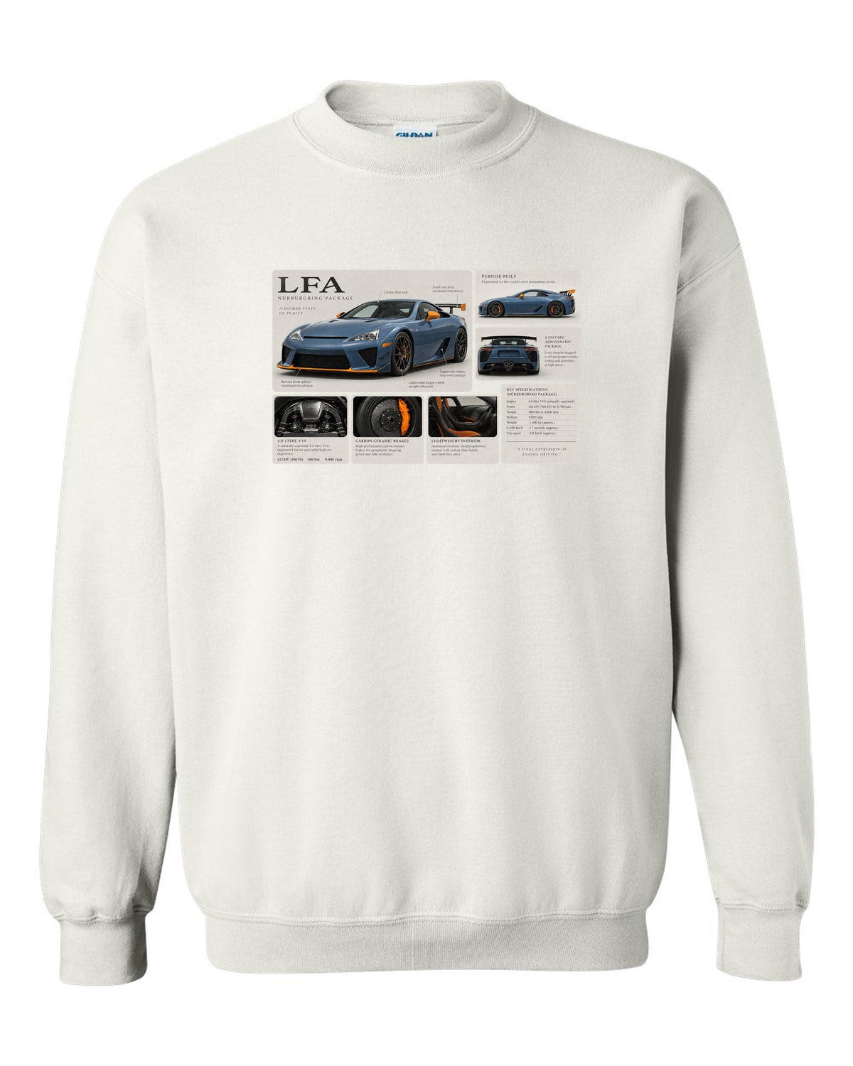 Dossier panel layout for the Lexus LFA Nurburgring Package with V10 notes white crewneck front view with the design