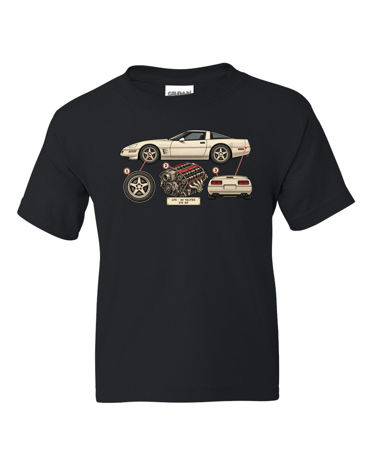 Neon HUD wireframe print of a 1997 Chevrolet Corvette C5 coupe with LT5 32 valves 375 HP lettering black kids tee front view with the design