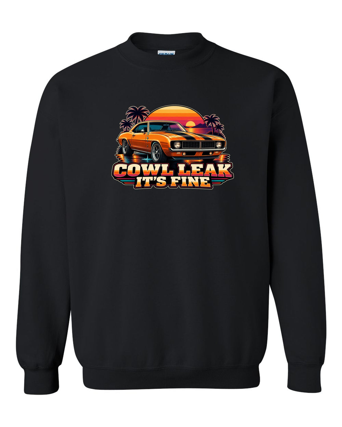 Retro banded sunset illustration of a 1969 Chevrolet Camaro coupe with cowl leak lettering black crewneck front view with the design