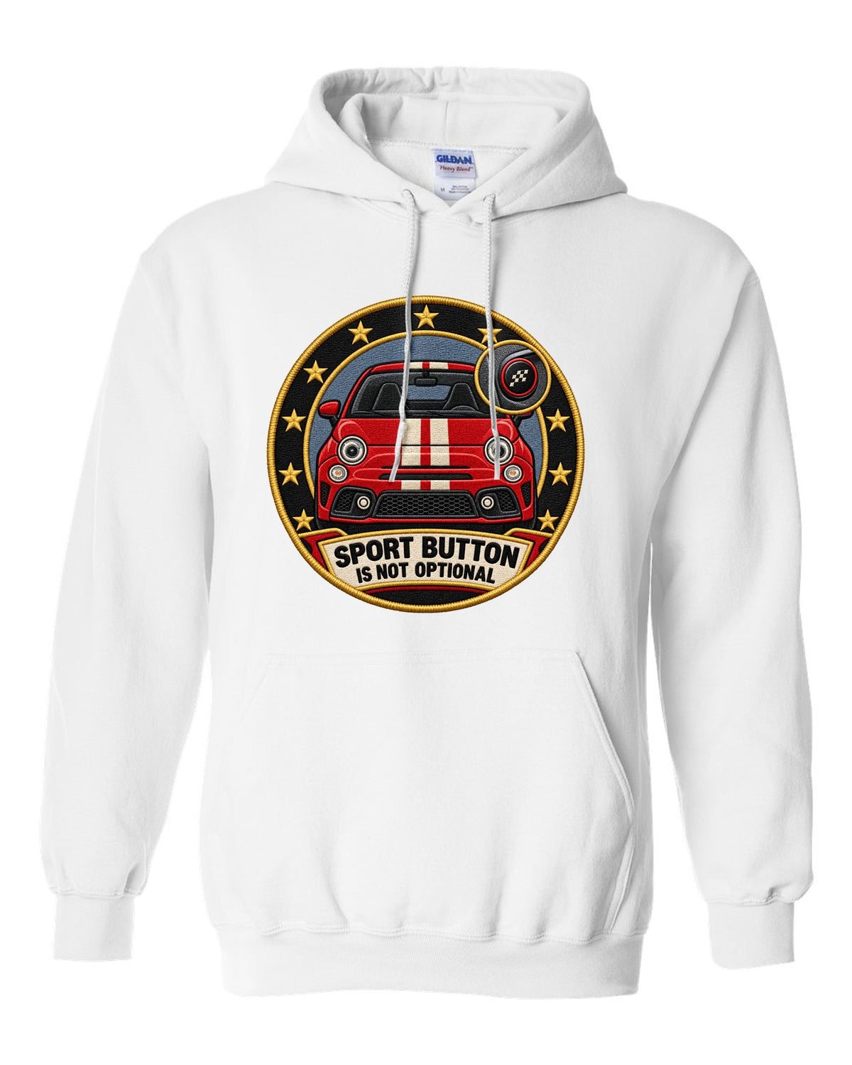 Varsity crest of a Fiat 500 Abarth with sport button text white pull over hoodie front view with the design