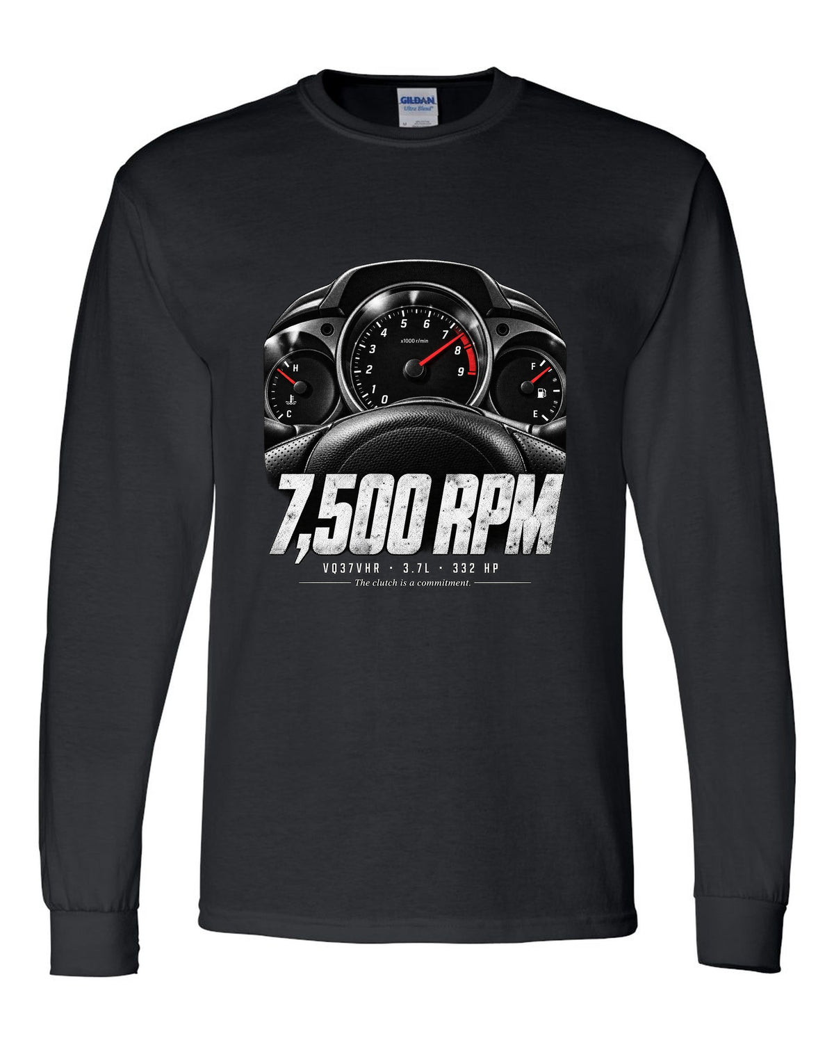 print of a Nissan 370Z Z34 gauge cluster at 7,500 RPM with VQ37VHR text black long sleeve front view with the design