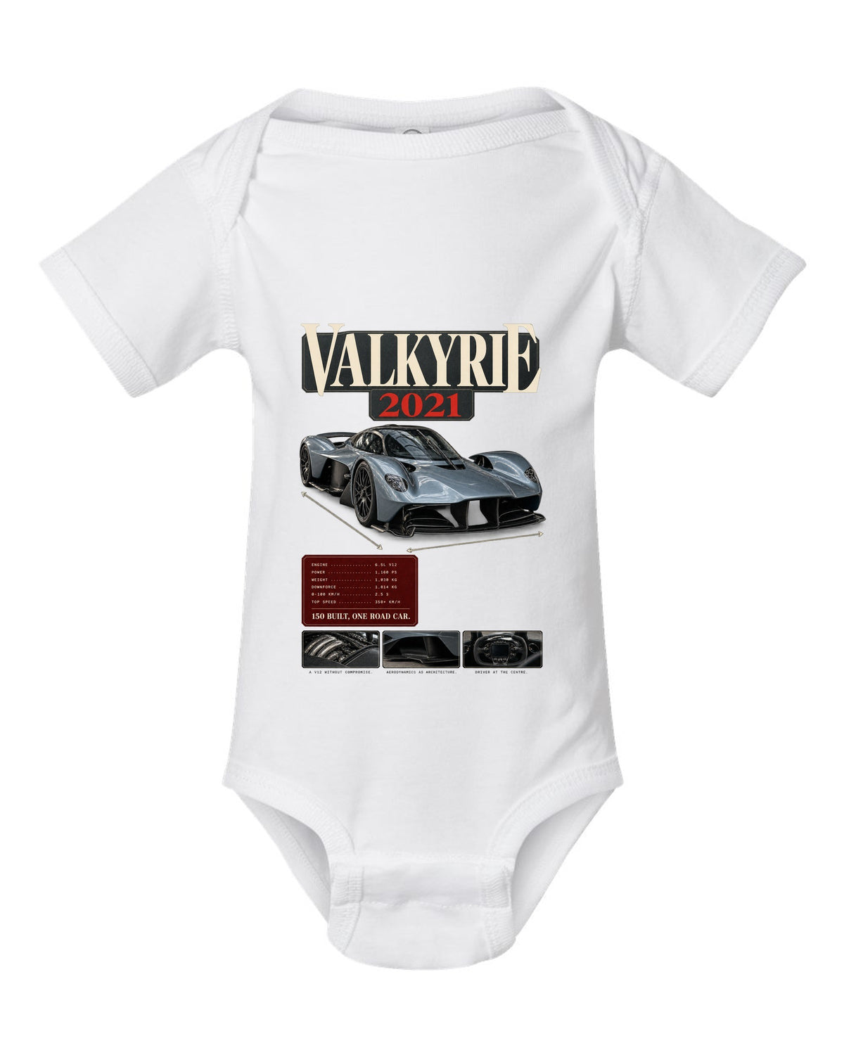Aston Martin Valkyrie 2021 archive panel print with 150 built one road car text white baby onesie front view with the design