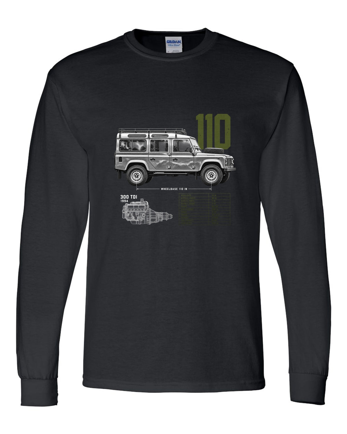 Land Rover Defender 110 spec poster print with 300 Tdi 1994 text black long sleeve front view with the design