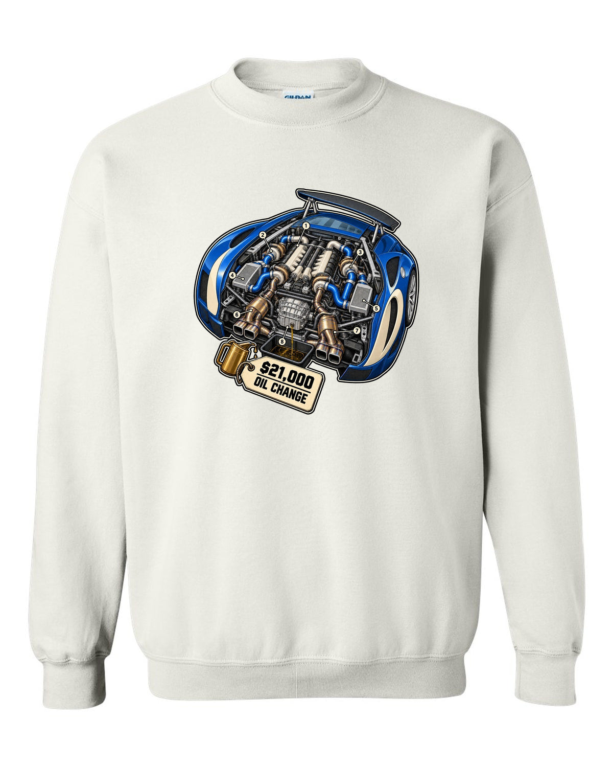 Exploded cutaway diagram print of the Bugatti Veyron 16.4 W16 engine with oil change lettering white crewneck front view with the design