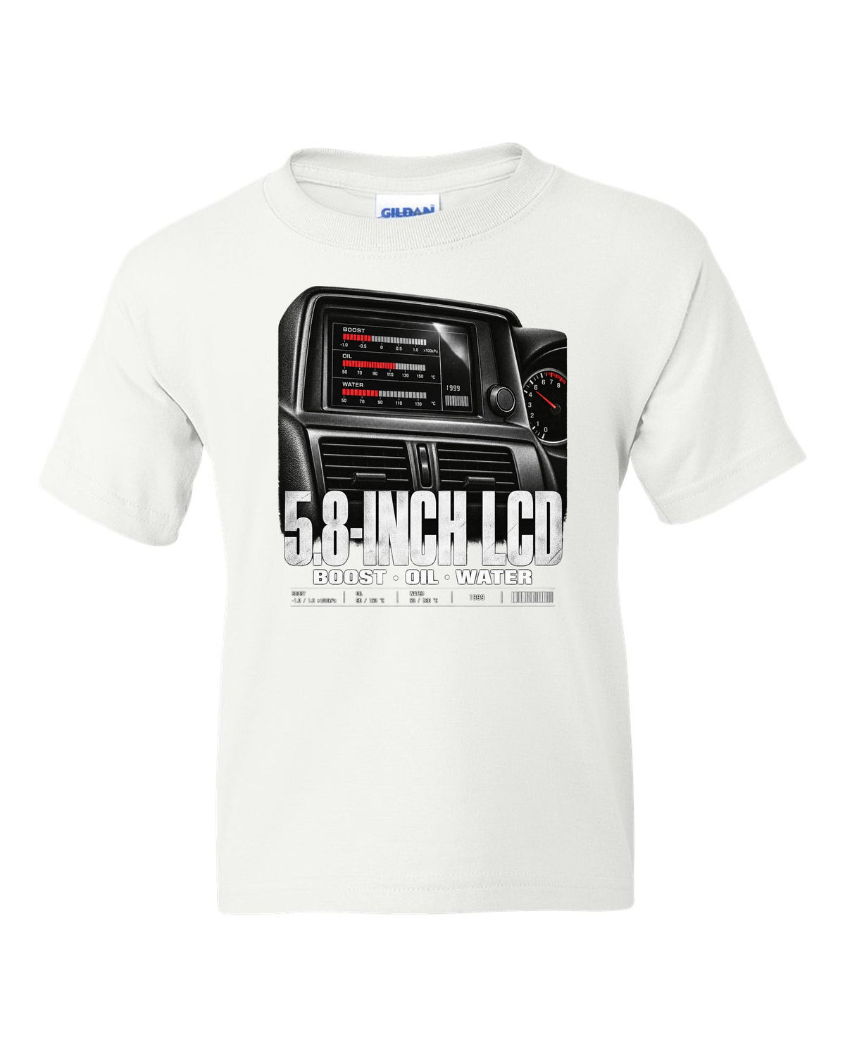 Multifunction display screen of a Nissan Skyline GT-R R34 showing boost, oil and water readings white kids tee front view with the design