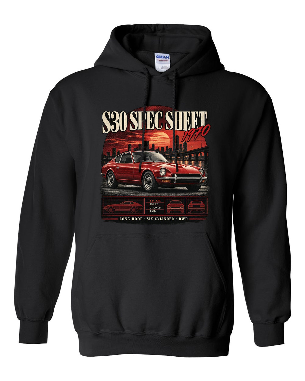 Archive panel spec sheet print of a Datsun 240Z S30 with L24 2.4L 151 HP text black pull over hoodie front view with the design