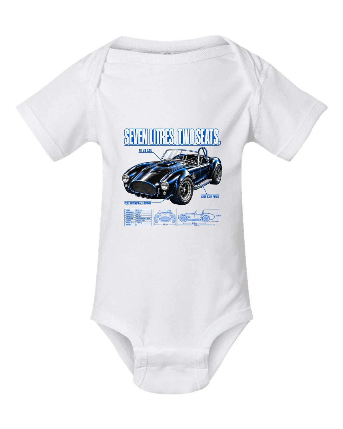 Top-down spec poster print of a 1965-1967 Shelby-style 427 roadster white baby onesie front view with the design