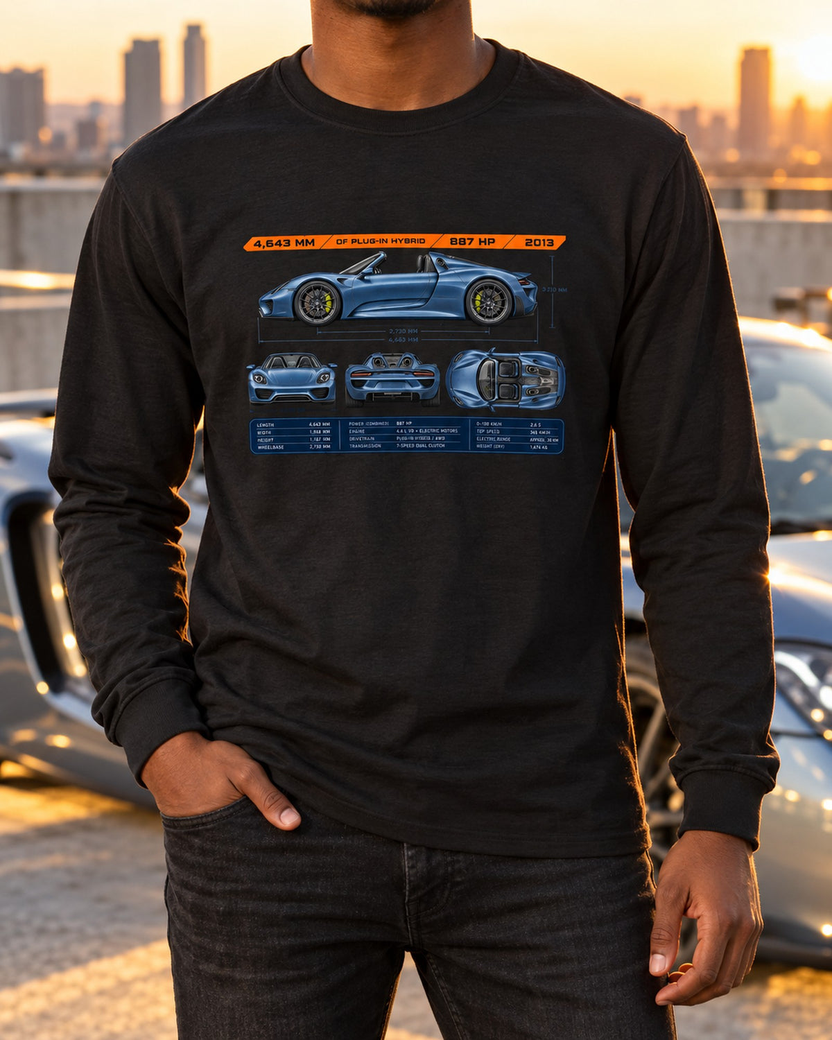 Porsche 918 Spyder Dimension Blueprint Tee, Hybrid Car Shirt Long Sleeve Black worn hero
