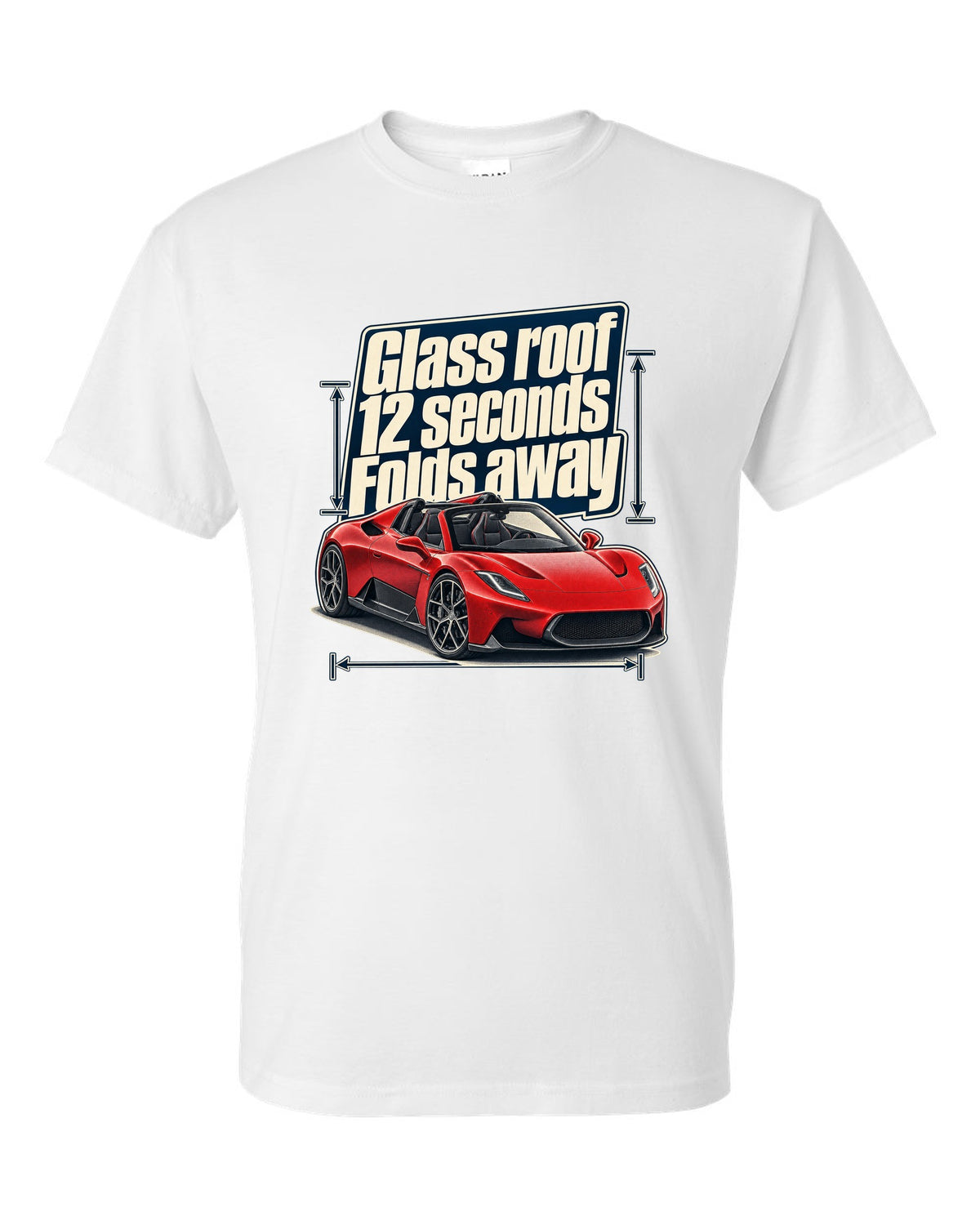 Maserati MC20 Cielo editorial headline print on a shirt white t-shirt front view with the design