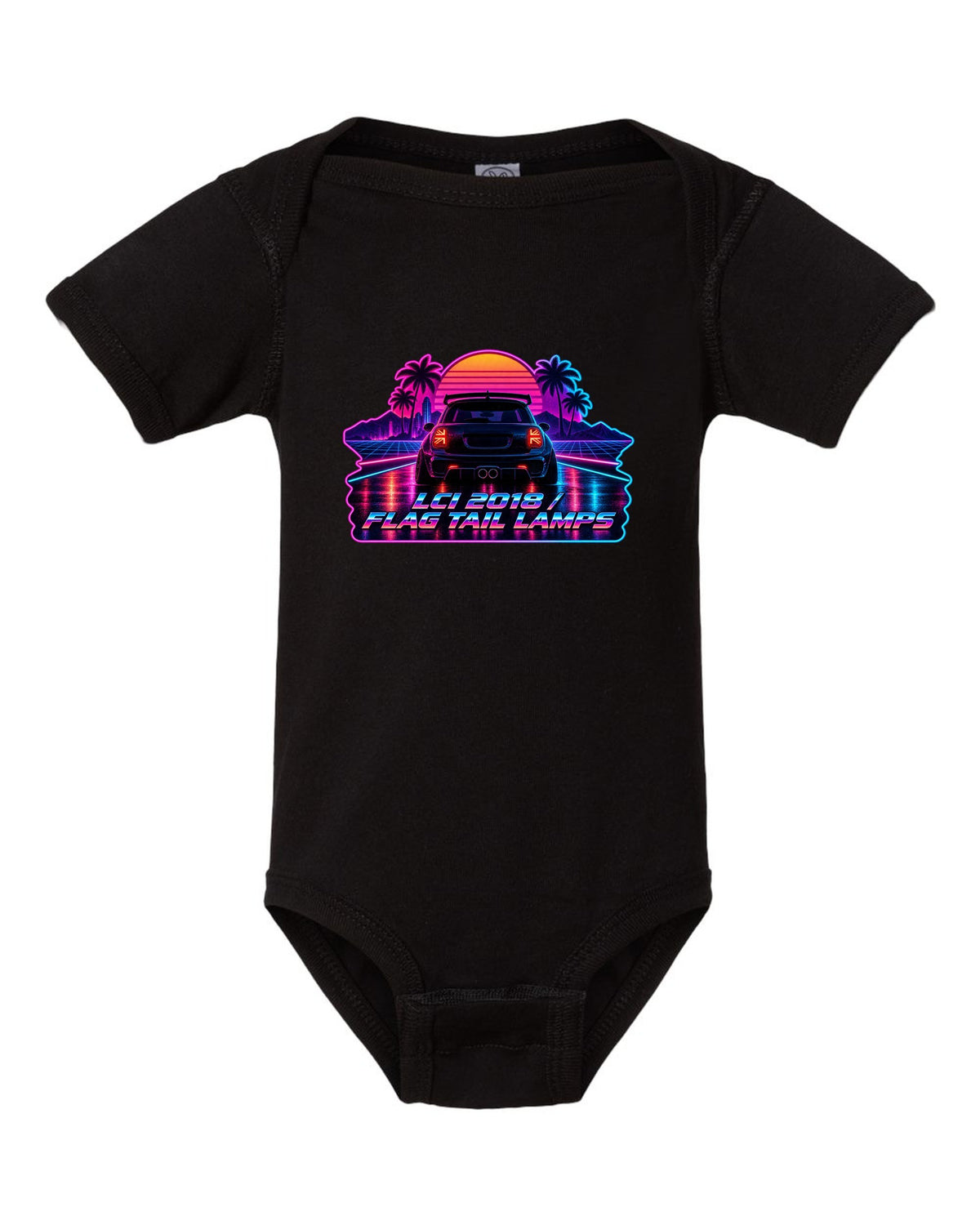 Synthwave outrun artwork of a Mini Cooper JCW F56 LCI with flag tail lamps black baby onesie front view with the design
