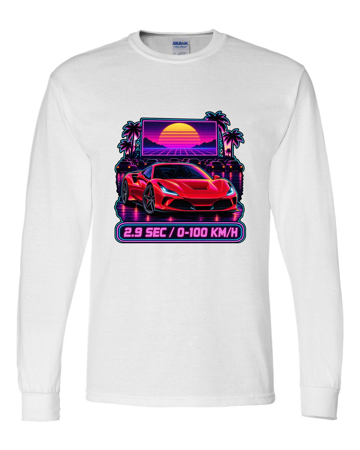 Synthwave outrun drive-in scene with Ferrari F8 Tributo and 2.9 sec text white long sleeve front view with the design