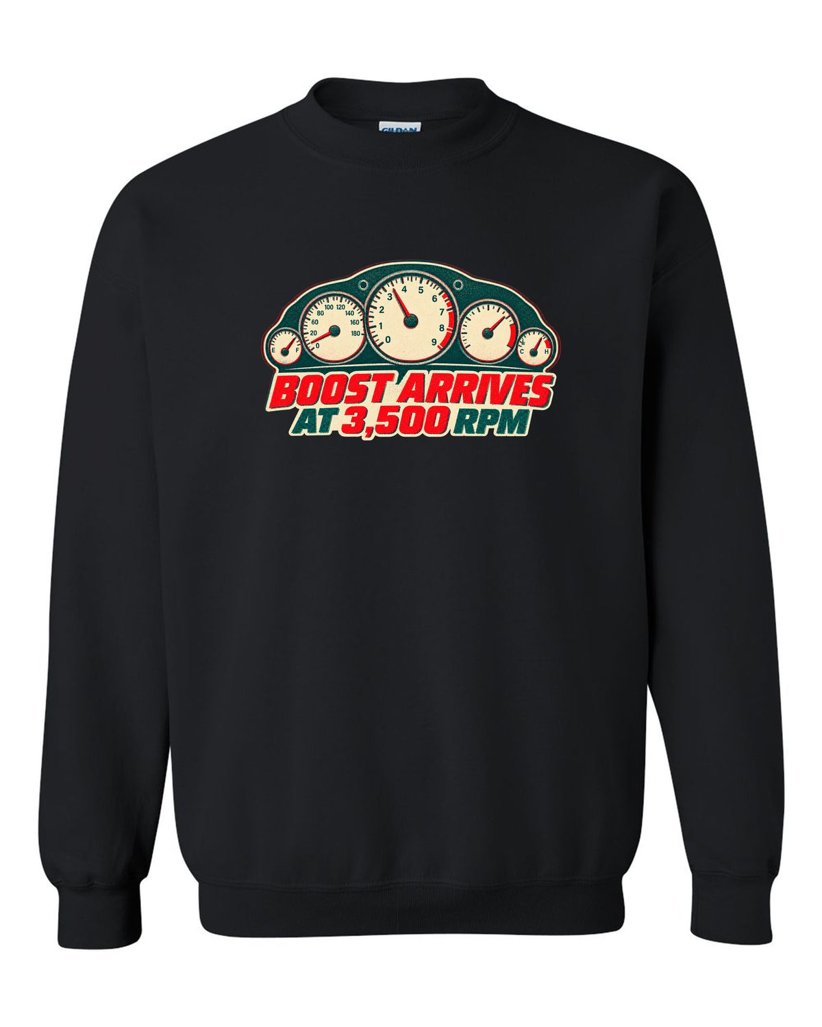 Risograph two-colour print of a tachometer for the Nissan Skyline GT-R R33 BCNR33 black crewneck front view with the design