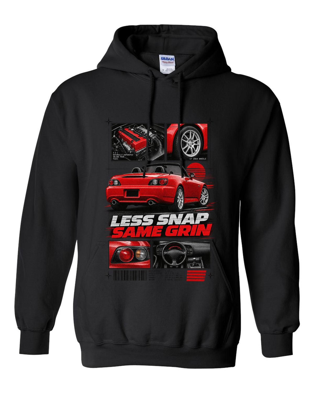 Honda S2000 AP2 roadster dossier panels design with 17 inch wheels less snap same grin text black pull over hoodie front view with the design