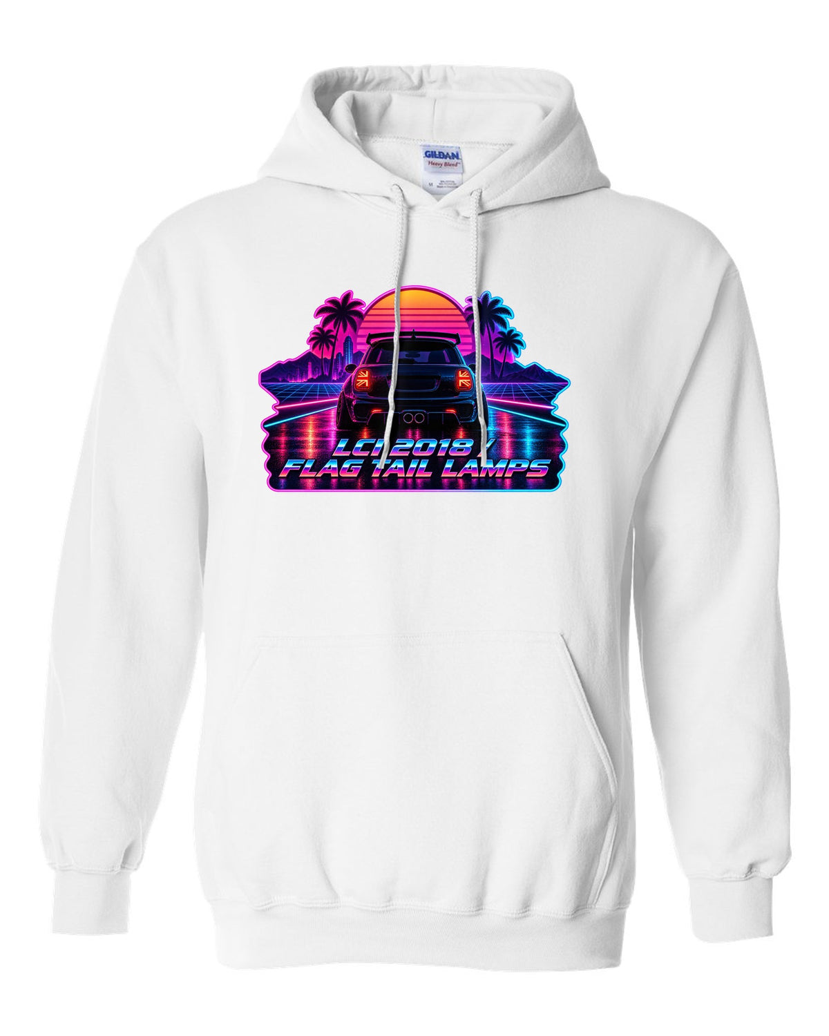Synthwave outrun artwork of a Mini Cooper JCW F56 LCI with flag tail lamps white pull over hoodie front view with the design