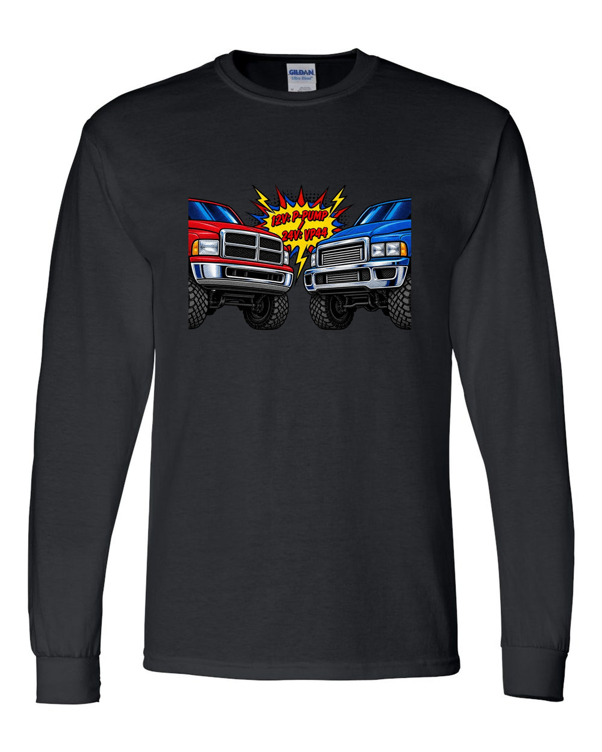 Comic halftone print comparing the 12V P-pump and 24V VP44 Cummins in a Ram 2500 black long sleeve front view with the design