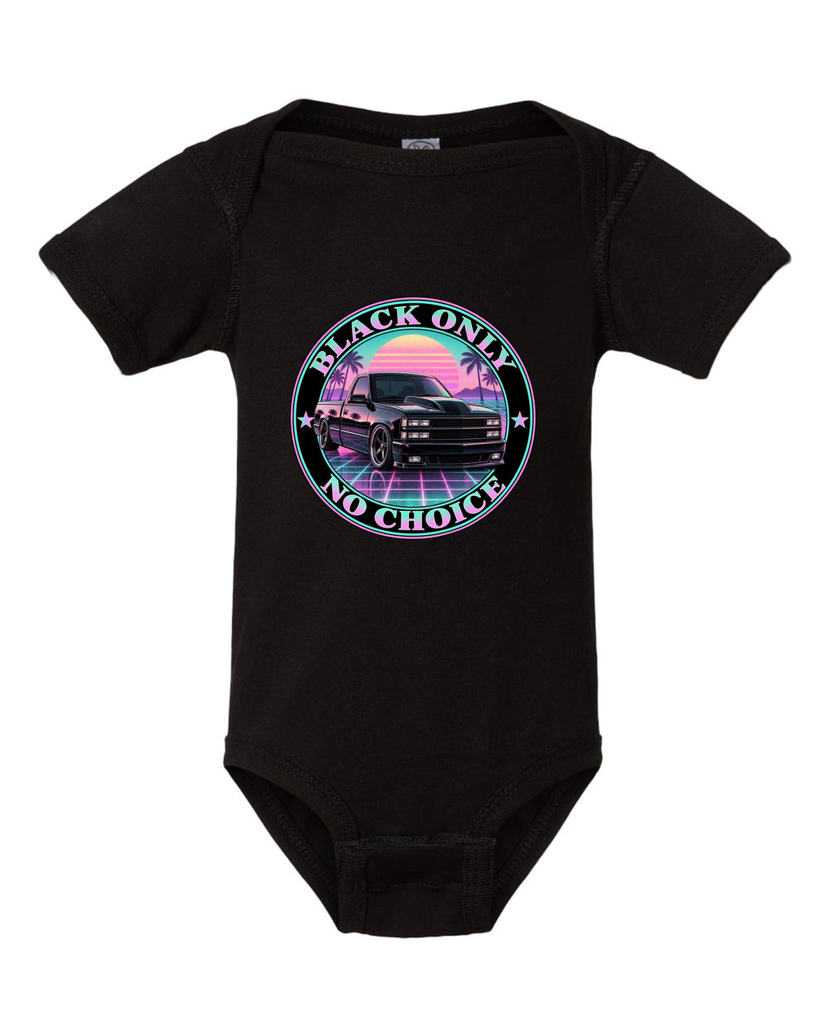 Pastel vaporwave print of a 1990-93 Chevrolet 454 SS pickup with black only no choice lettering black baby onesie front view with the design