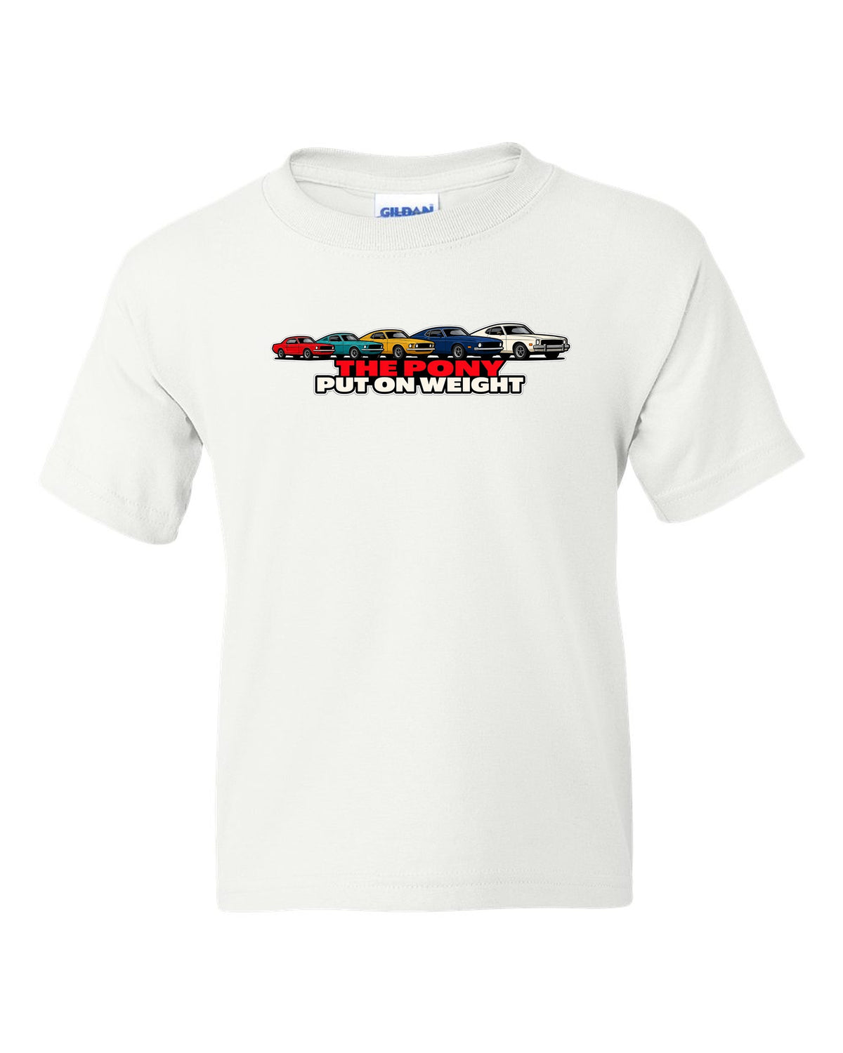 Generation evolution lineup print of five first-generation Ford Mustangs 1965-73 white kids tee front view with the design