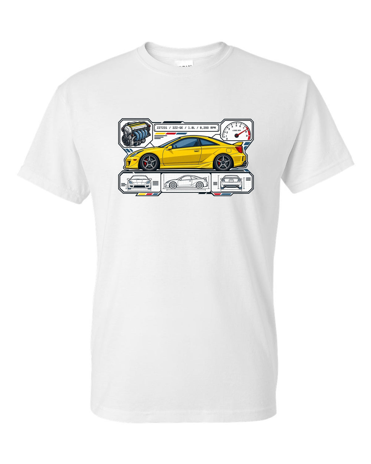 Spec sheet data plate for a Toyota Celica ZZT231 listing 2ZZ-GE, 1.8L and 8,200 RPM white t-shirt front view with the design