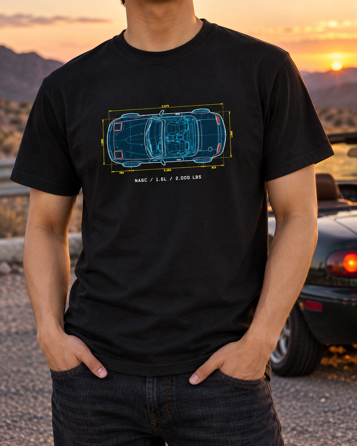 Mazda MX-5 NA6C 1.6L Blueprint Shirt, 2,000 LBS Miata Tee T-Shirt Black worn hero