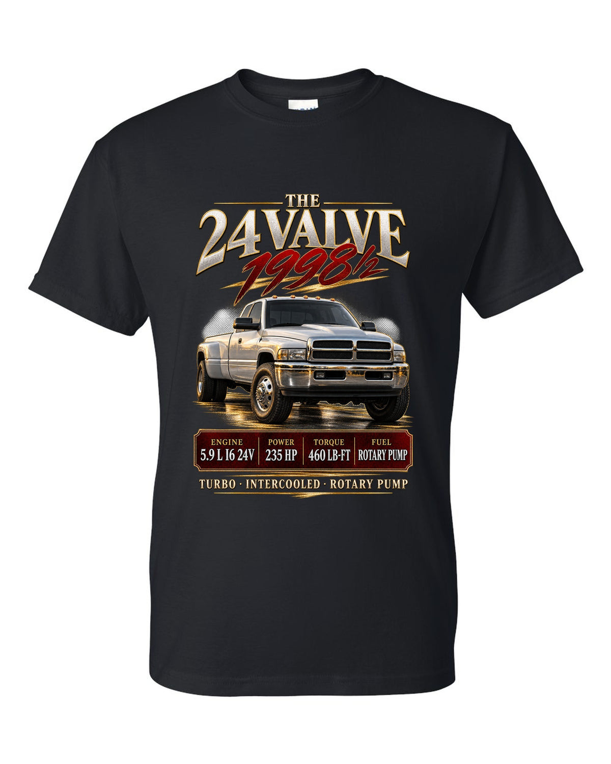 Archive panel of a 1998.5-2002 Ram 2500 2nd gen 24V with 235 HP and 460 lb-ft black t-shirt front view with the design