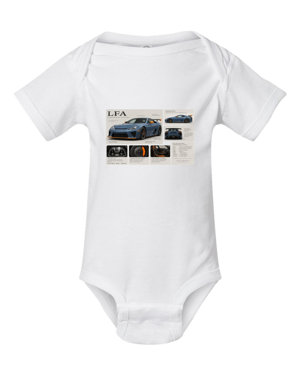 Dossier panel layout for the Lexus LFA Nurburgring Package with V10 notes white baby onesie front view with the design