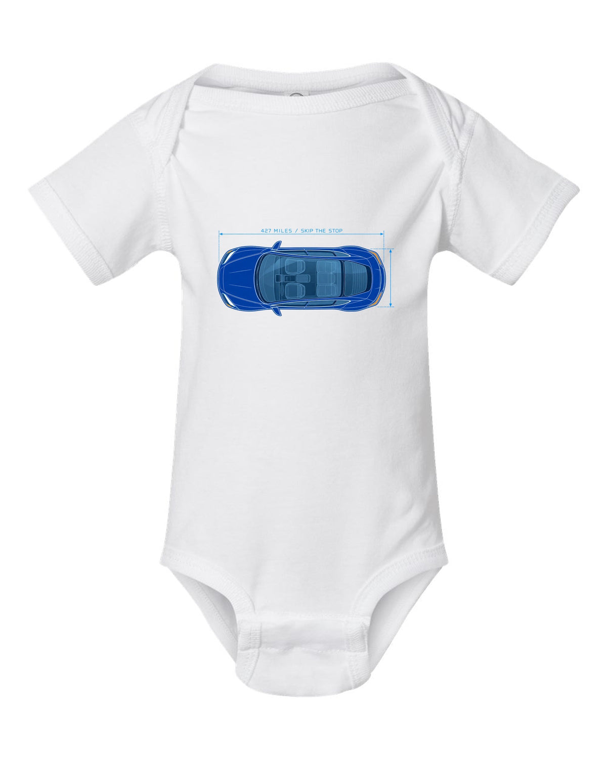 Lucid Air Sapphire white and cyan blueprint print with the text 427 miles skip the stop white baby onesie front view with the design