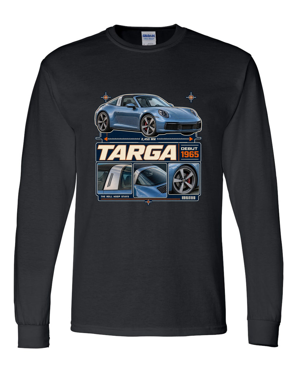 Dossier panel print of a Porsche 911 Targa 4S 992 with roll hoop black long sleeve front view with the design