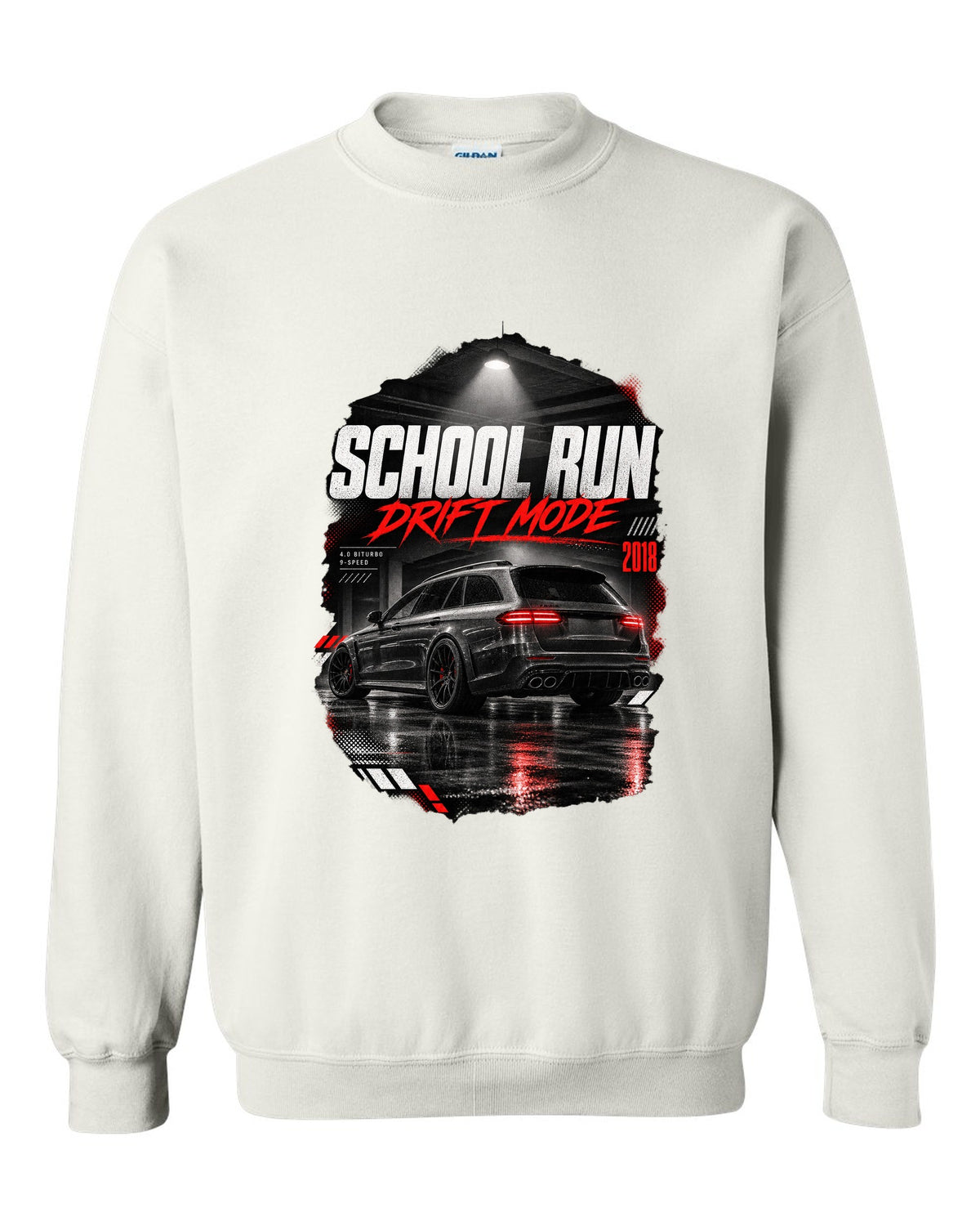 print of a Mercedes E63 S wagon S213 in a night garage with the text School Run / Drift Mode white crewneck front view with the design