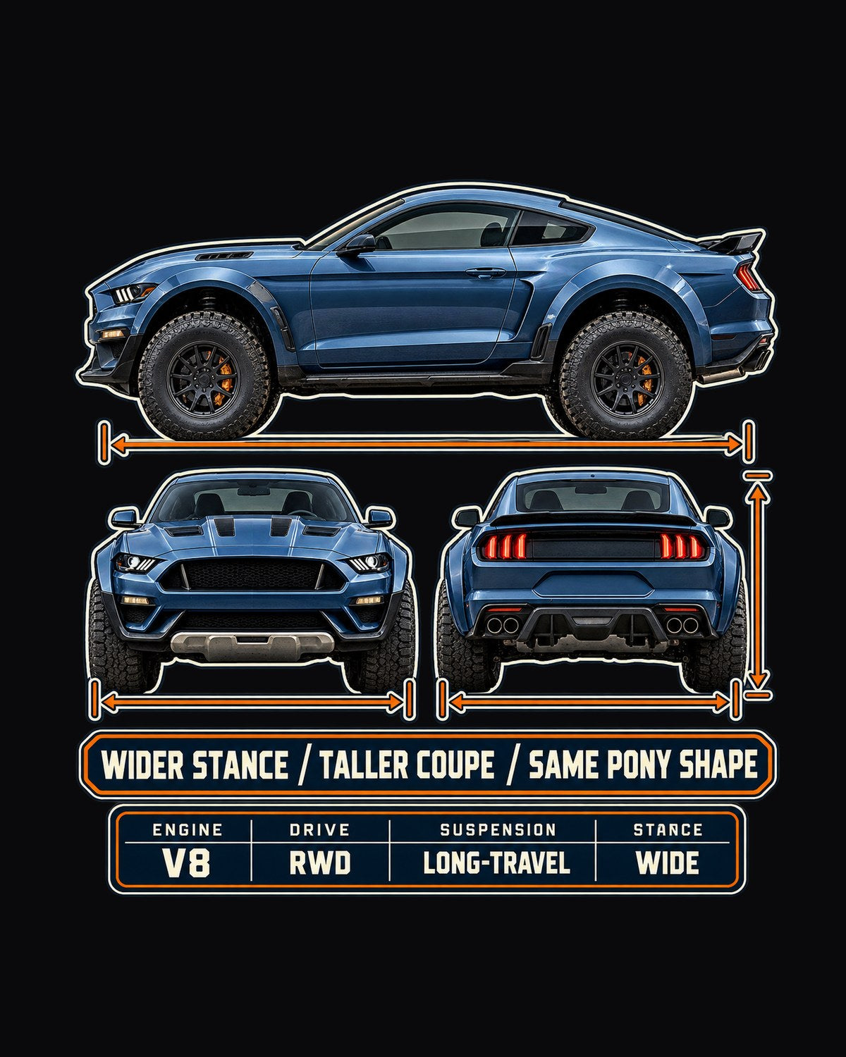 Mustang Raptor Concept Three-View Spec Table Tee, Pony Shape design only