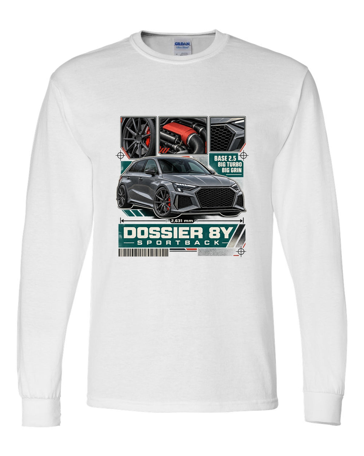 Three-panel dossier of an Audi RS3 8Y Sportback pre-facelift white long sleeve front view with the design