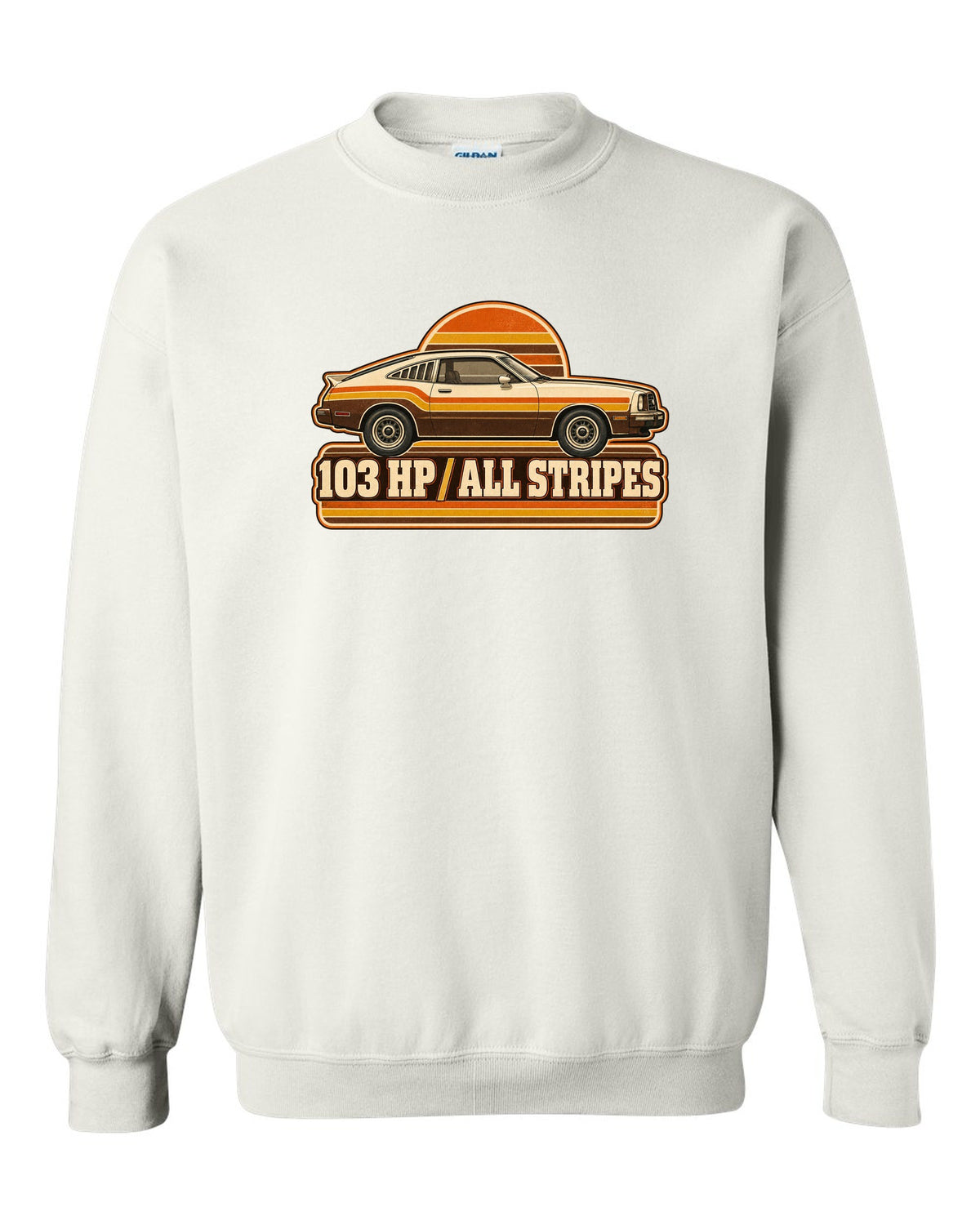 Vintage 70s race poster print of a 1976 Ford Mustang II fastback with stripes white crewneck front view with the design