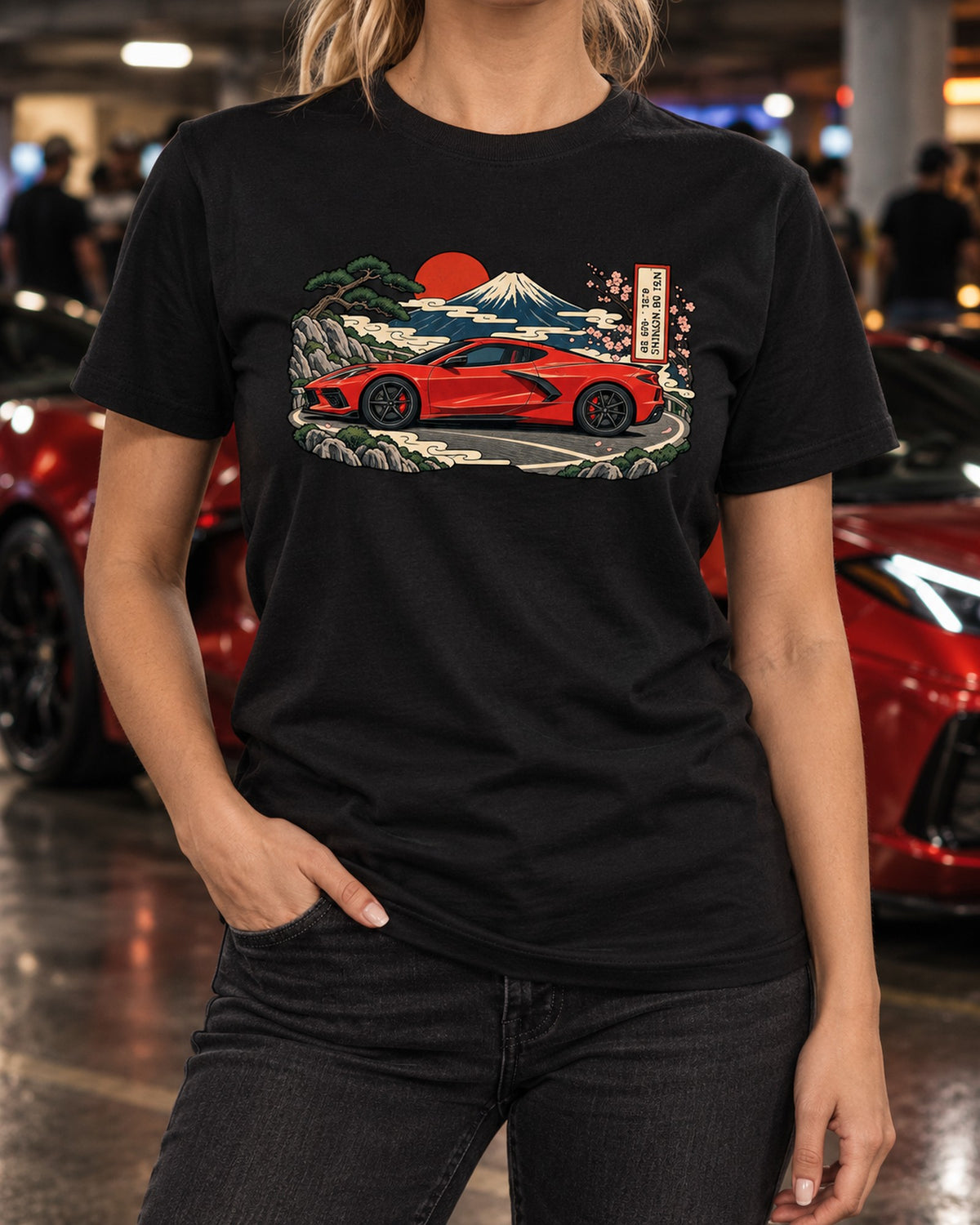 Sunset Grid Corvette C8 Stingray Synthwave Outrun Shirt T-Shirt Black worn hero