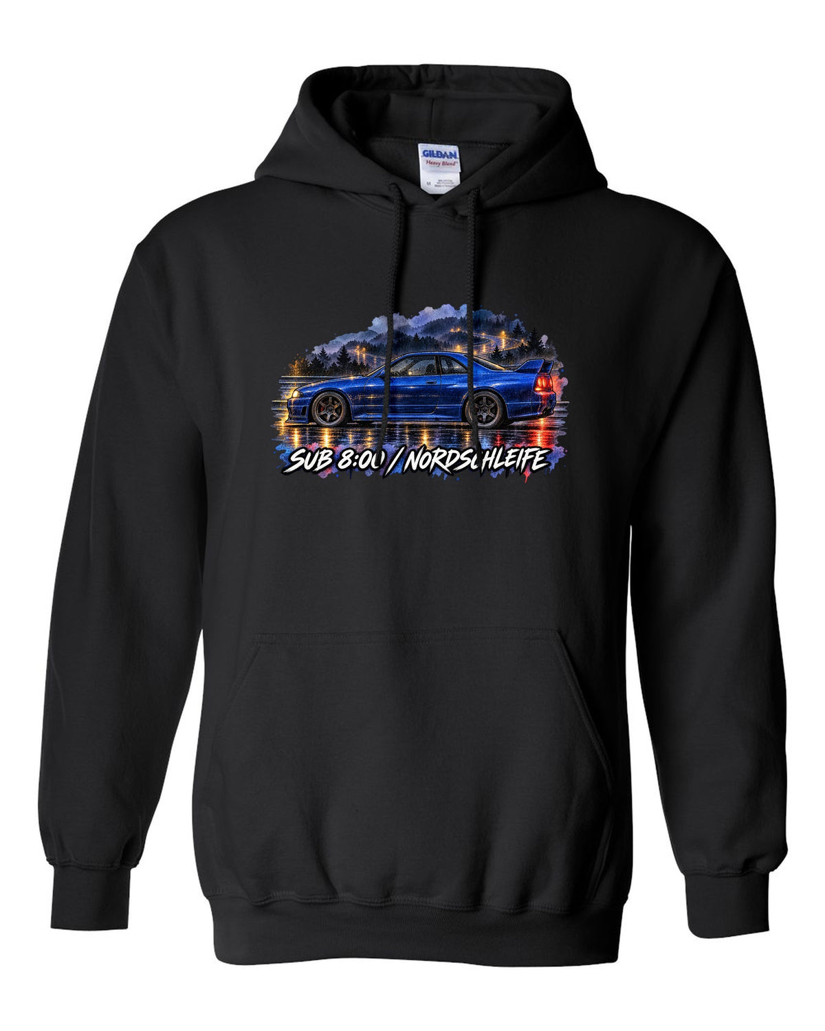 Watercolour wet-road night print of a Champion Blue Nissan Skyline GT-R R33 BCNR33 black pull over hoodie front view with the design