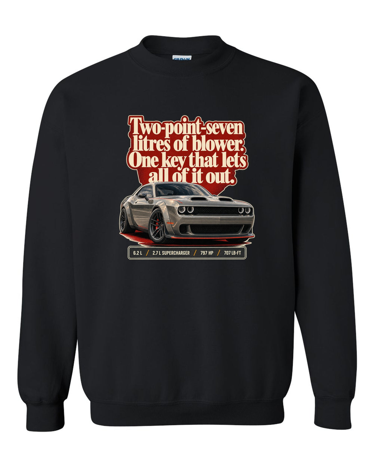 Dodge Challenger SRT Hellcat Redeye Widebody editorial headline print black crewneck front view with the design