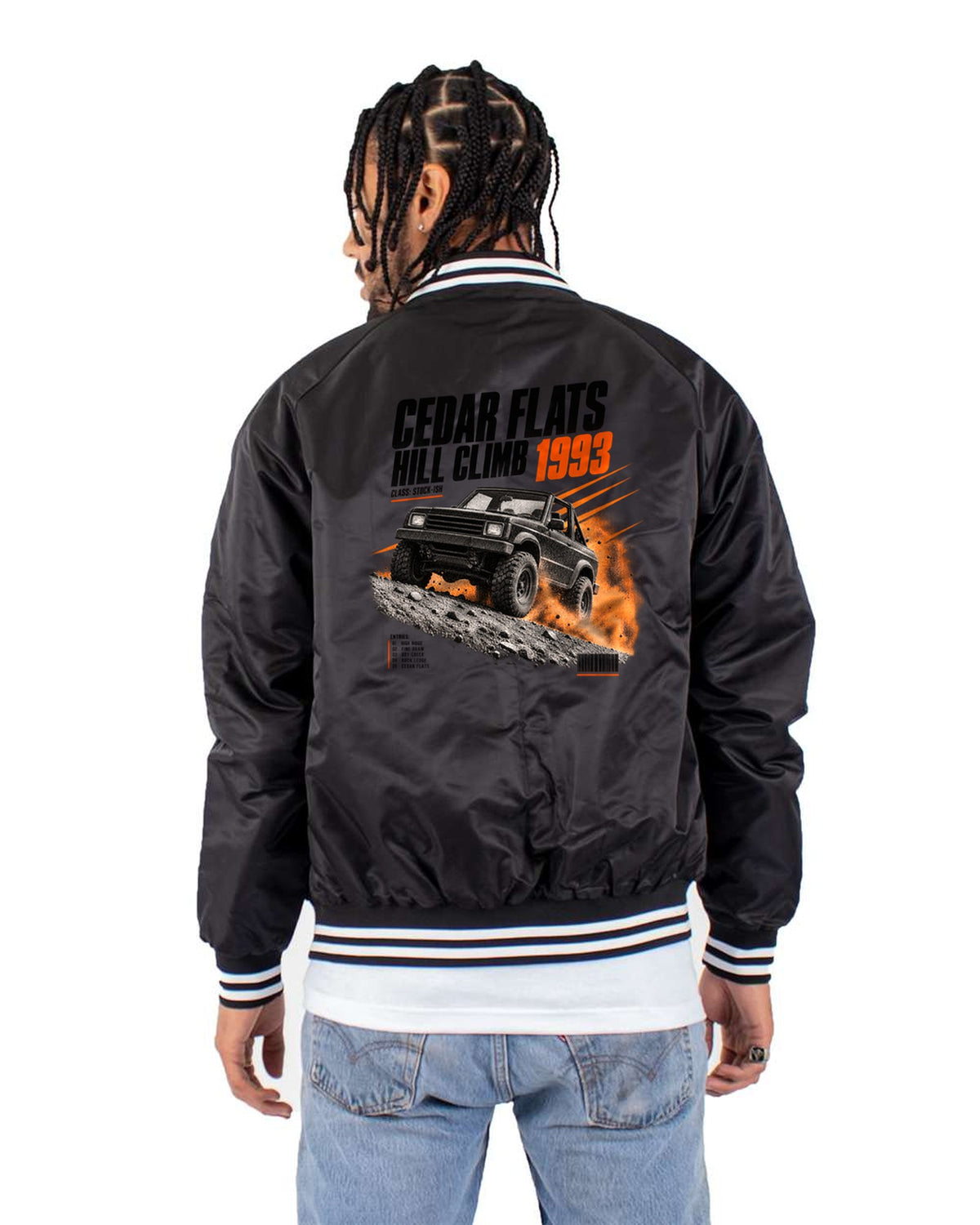Jeep Wrangler YJ Hill Climb Race Poster Tee, 1987-1995 Bomber Jacket Black back