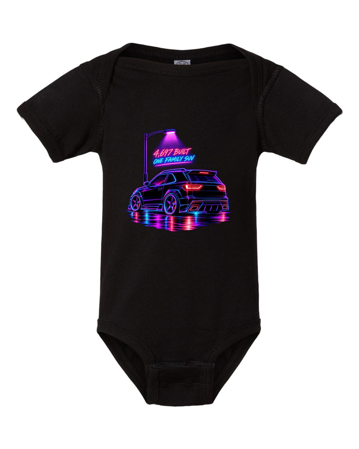 Neon synthwave line art print of a 1992-93 GMC Typhoon taillight with 4,697 built lettering black baby onesie front view with the design