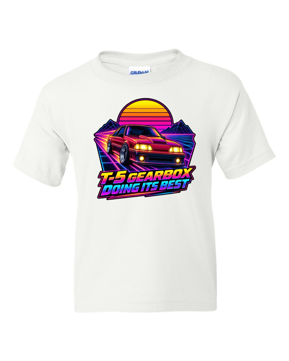 Synthwave sunset grid print of a Ford Mustang Fox Body GT with T-5 gearbox text white kids tee front view with the design