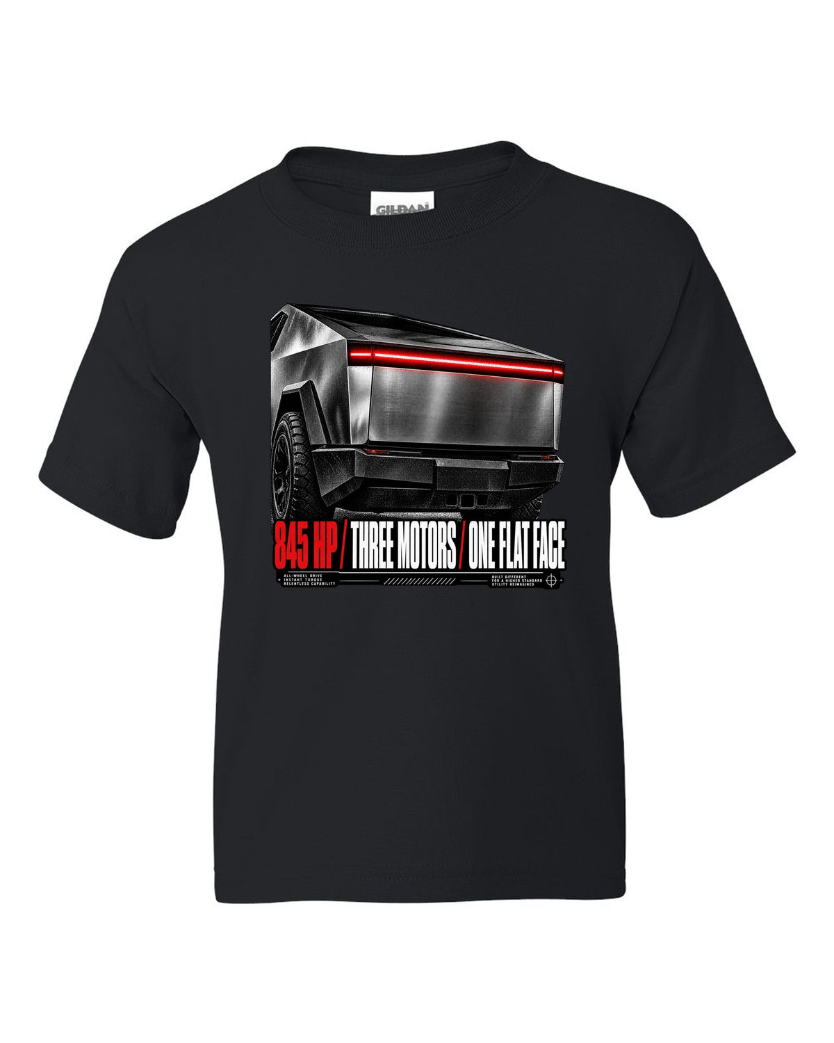 Macro of the Tesla Cybertruck Cyberbeast 2024 light bar with 845 HP and three motors text black kids tee front view with the design