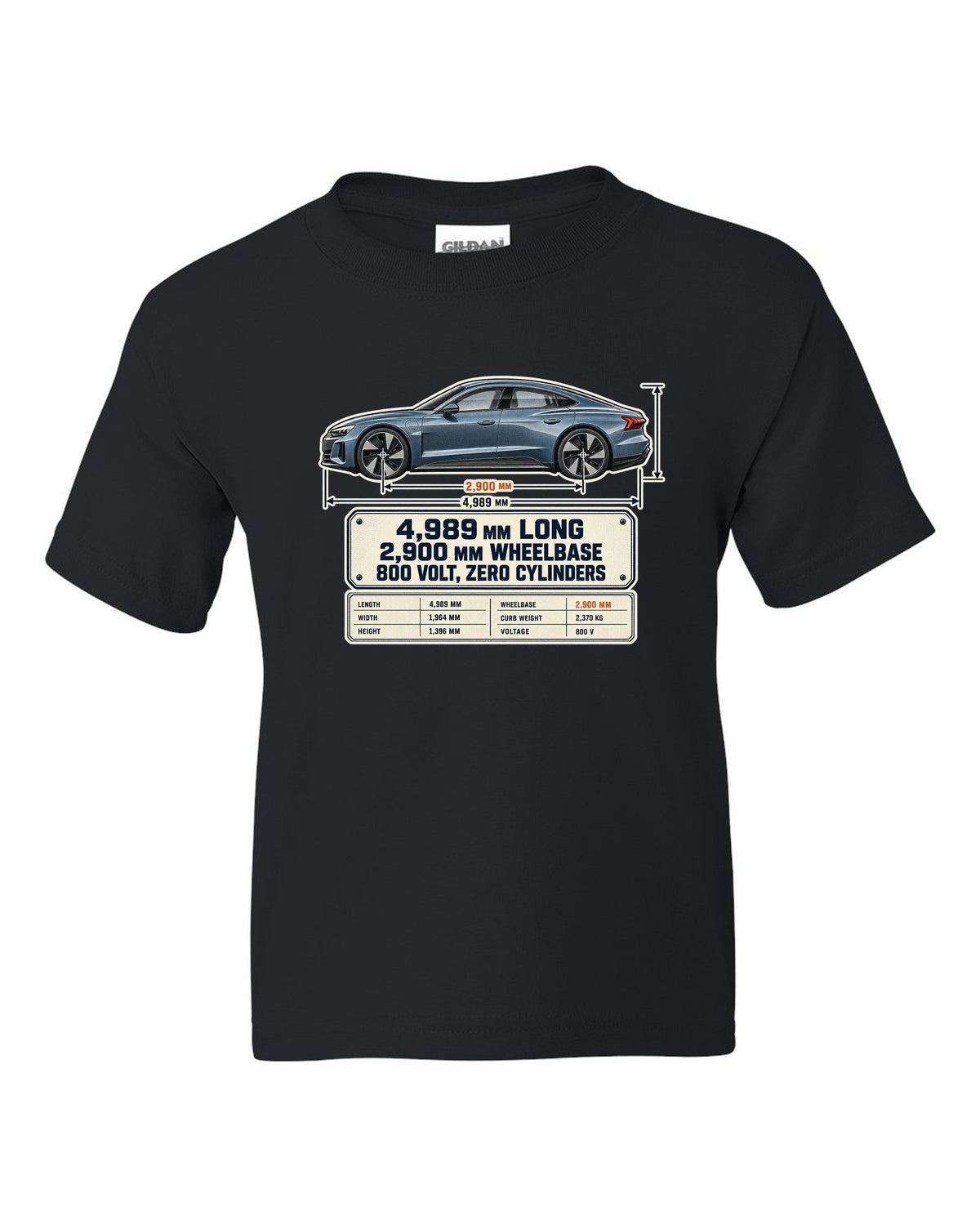 Audi RS e-tron GT J1 dimension blueprint print design black kids tee front view with the design