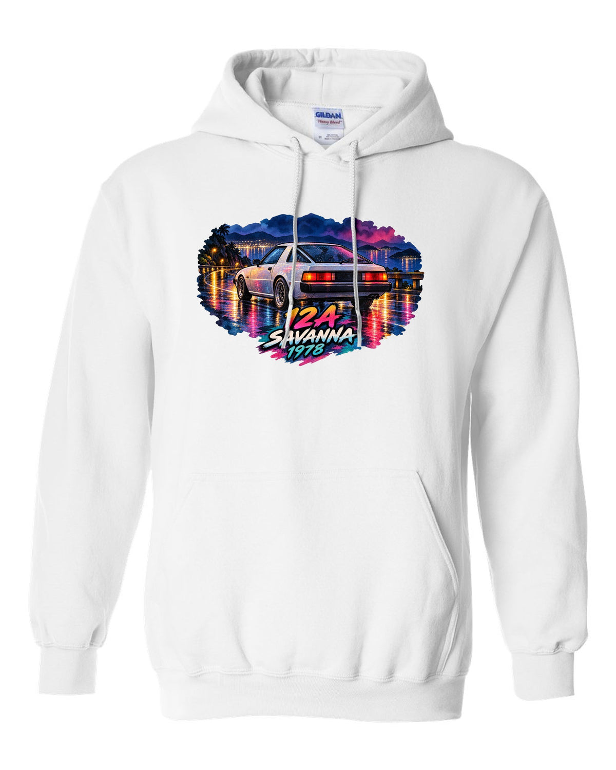 Watercolour wet road night print of a Mazda Savanna RX-7 SA22C with text 12A, Savanna, 1978 white pull over hoodie front view with the design