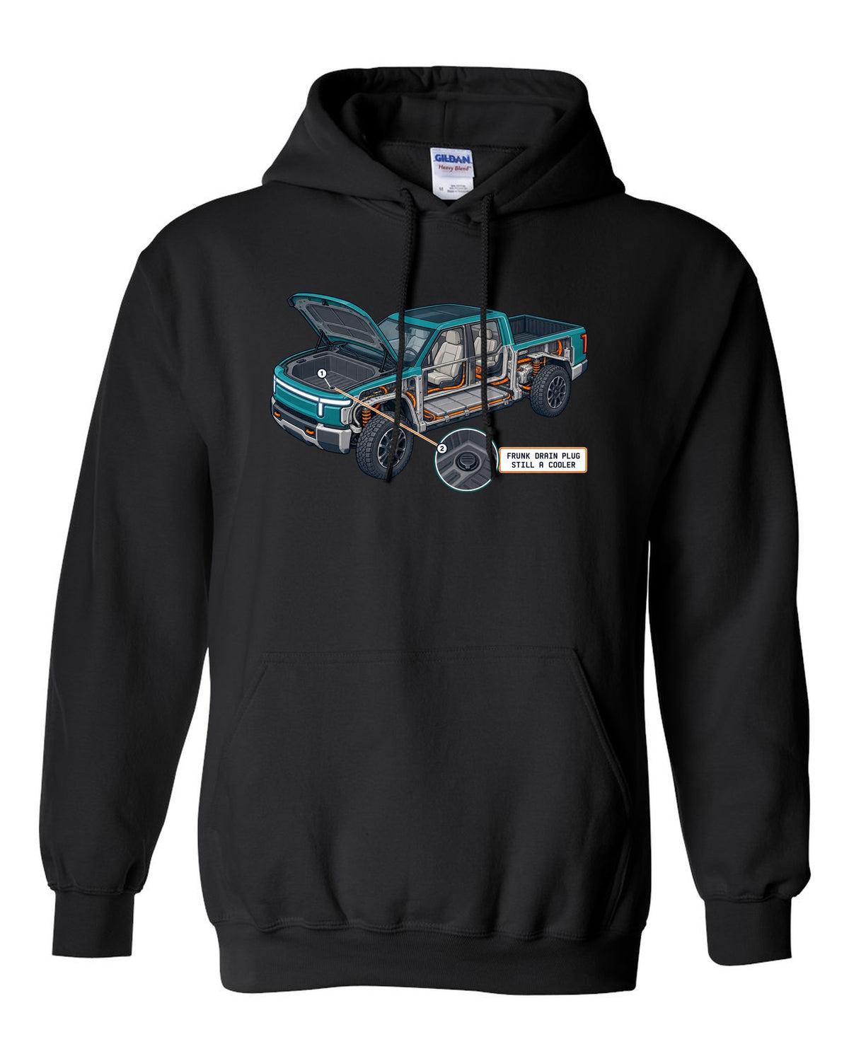 Ford F-150 Lightning isometric cutaway print showing the frunk drain plug black pull over hoodie front view with the design