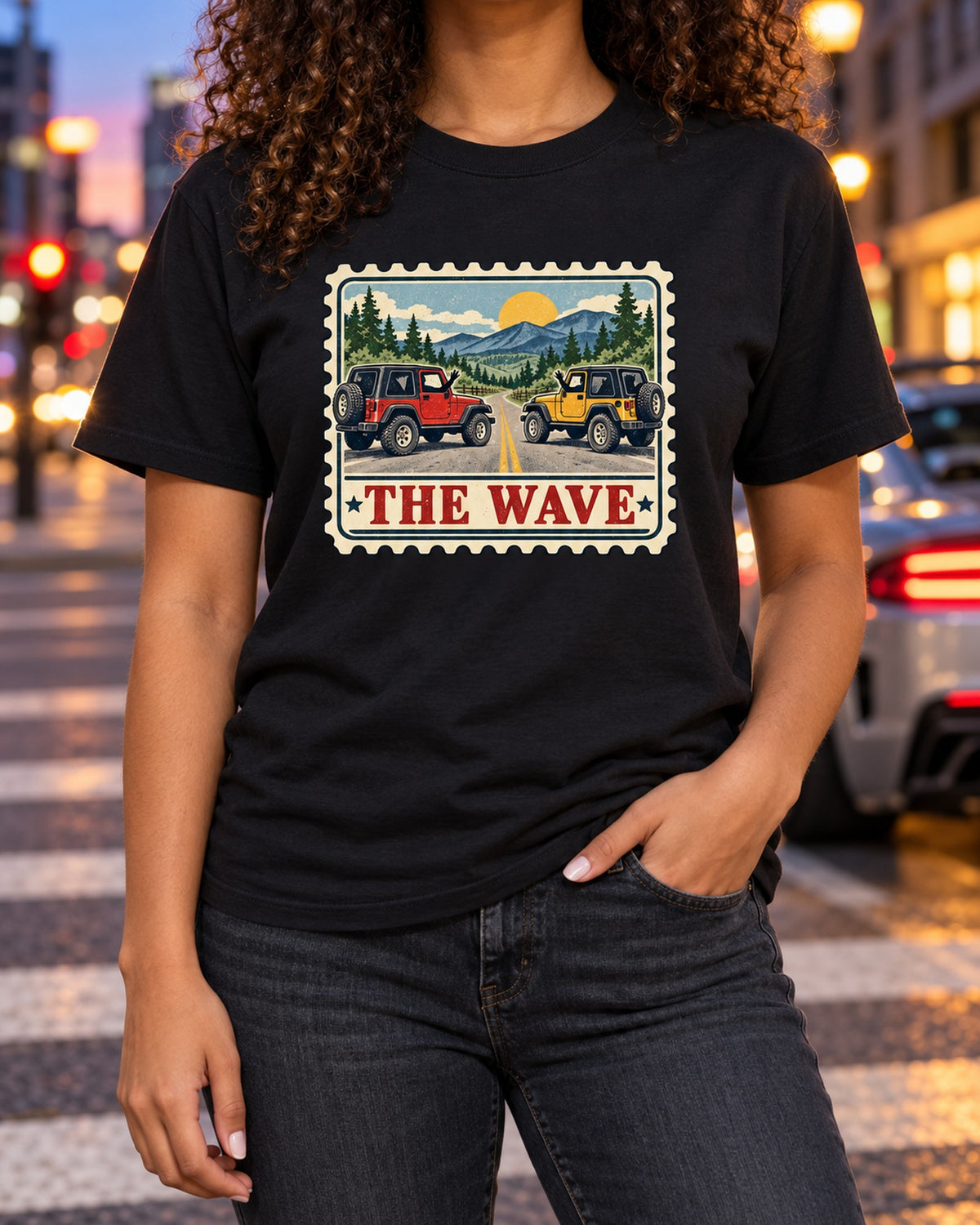 Jeep Wrangler TJ The Wave Postage Stamp Tee, Jeep Gift T-Shirt Black worn hero