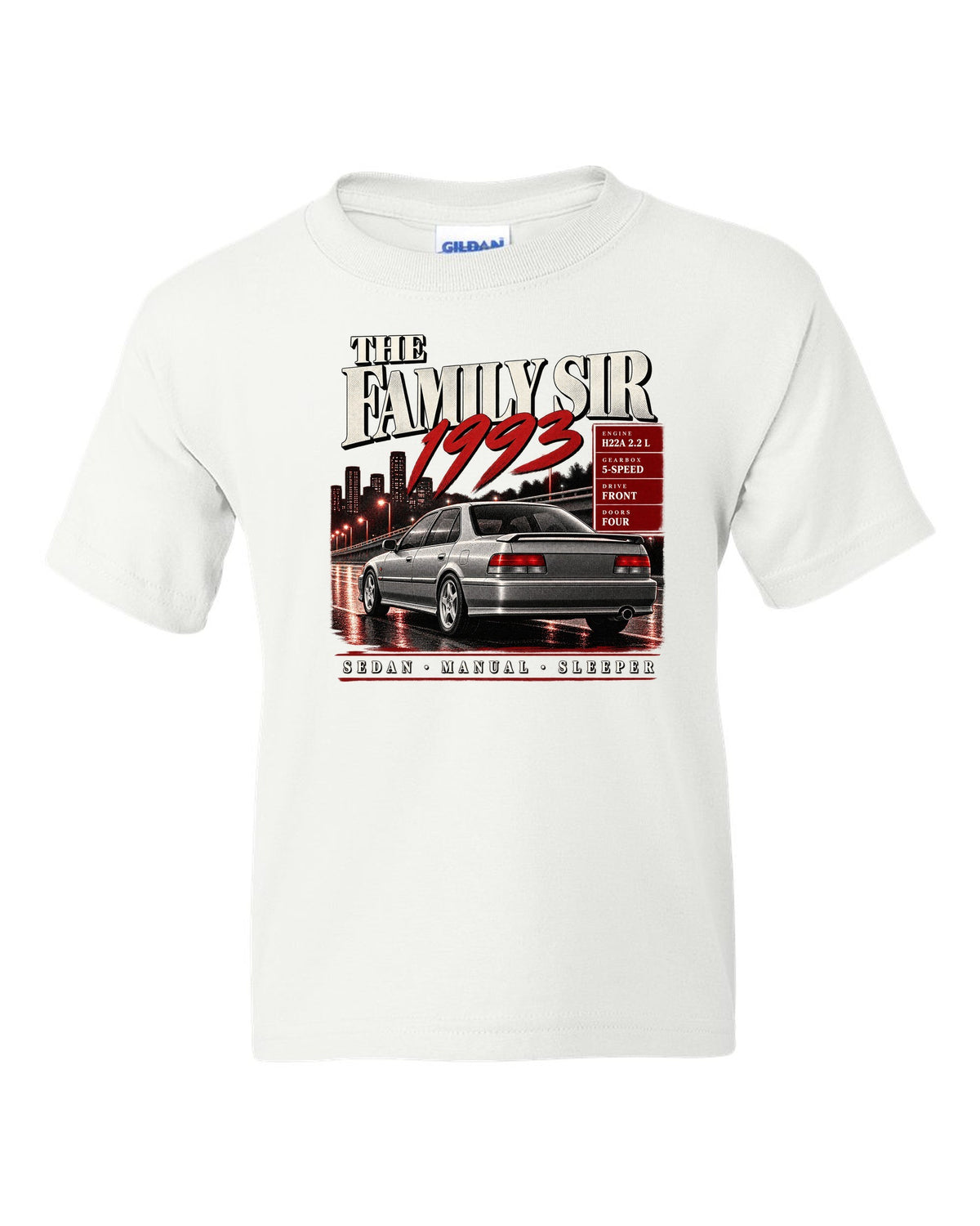 Archive panel print for the Honda Accord CD6 SiR sedan reading The Family Sir 1993 white kids tee front view with the design