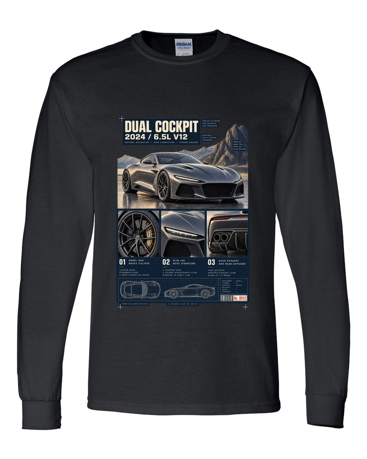 Dossier panel print of the Ferrari 12Cilindri with cockpit and V12 text black long sleeve front view with the design
