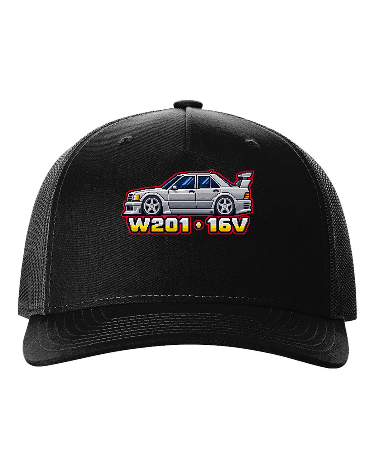 Mercedes 190E Evo II W201 16-Bit Pixel Art Tee, Car black hat front view with the design
